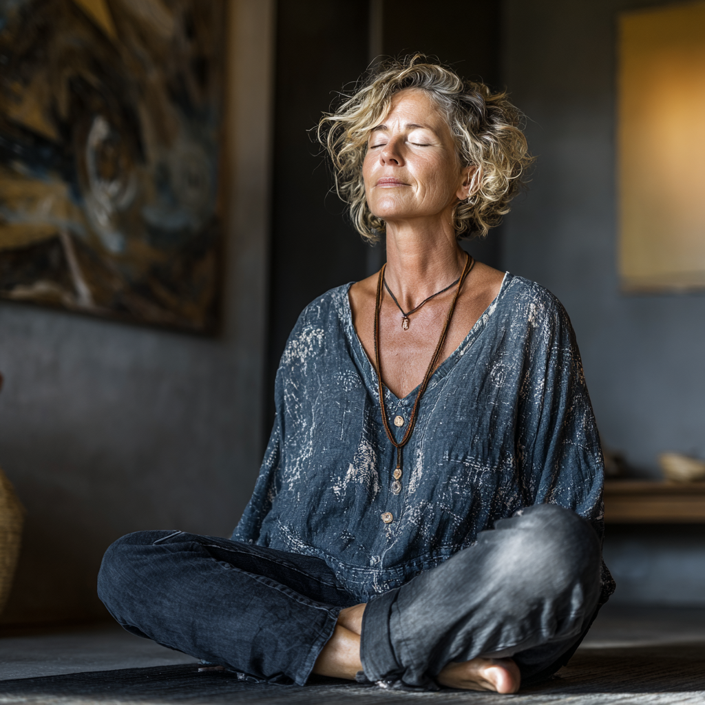 Mature woman in her 50s practicing yoga in a peaceful studio environment, sitting in meditation pose with serene expression