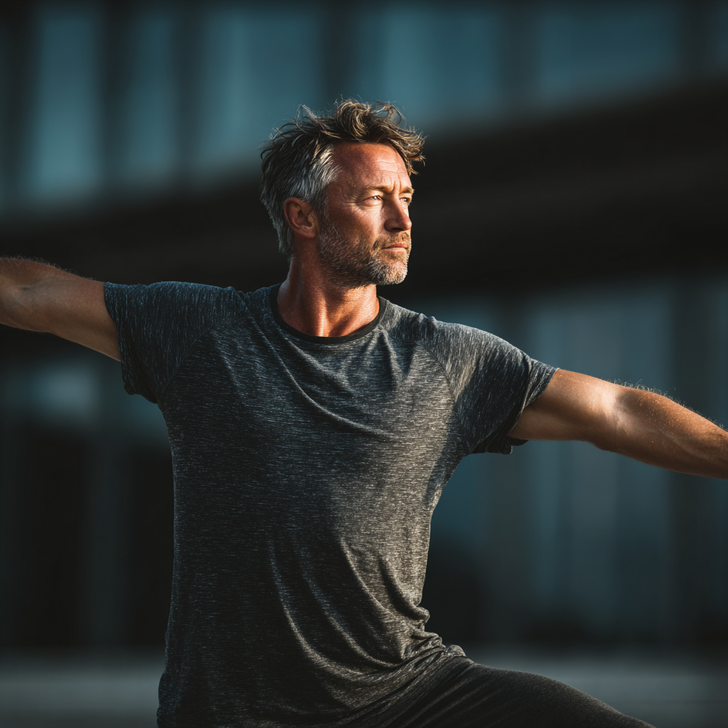 Middle-aged man in his 40s in yoga warrior pose outdoors, demonstrating strength and focus with natural lighting